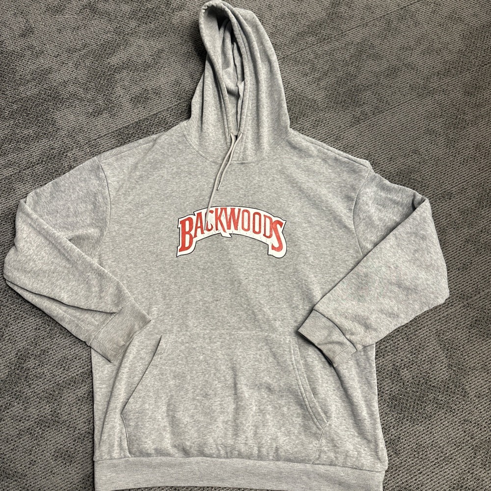 Backwoods Hoodie Mens XL Gray Red Logo Graphic Pullover Sweatshirt Streetwear